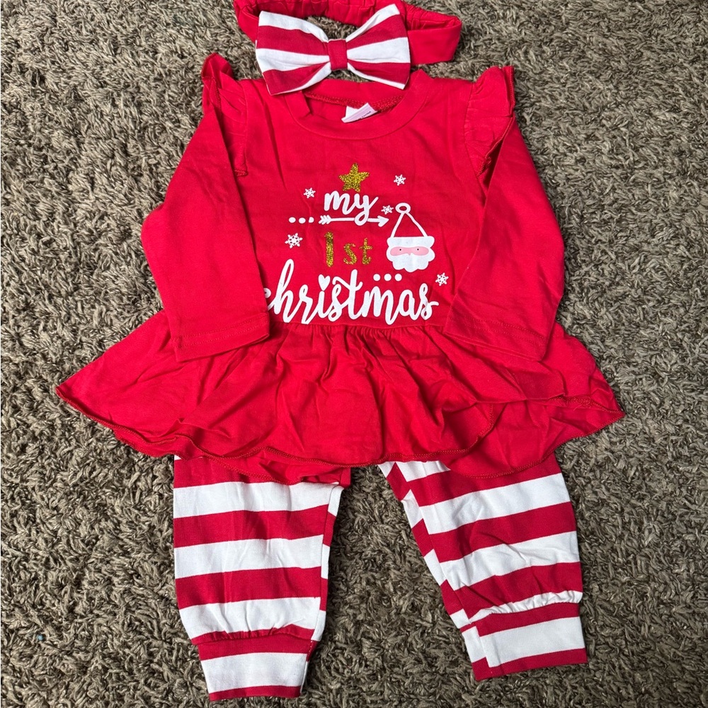 My 1st Christmas Red Baby Outfit with Striped Leggings and Bow